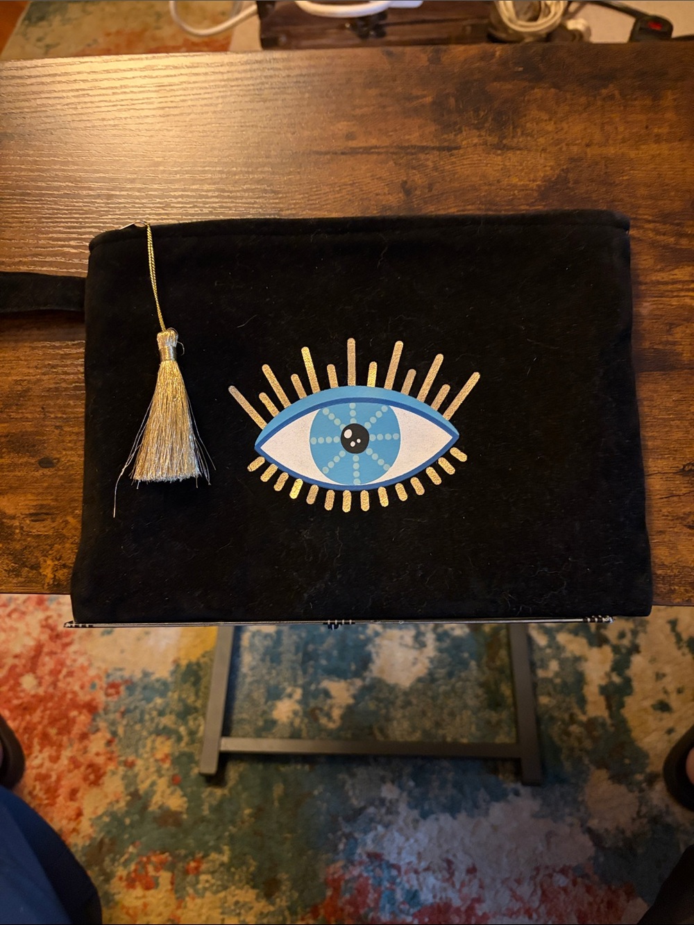 Black Velvet Clutch with Blue Evil Eye and Gold Tassel